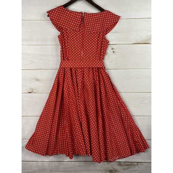 Lindy Bop Dress Sz M Red Polka Dot Retro 50's Swing Belted Whimsy Pin Up Girl - Picture 8 of 9